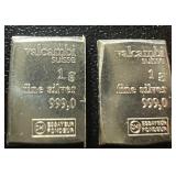 (2) X 1 GRAM VALCAMBI SUISSE .999 FINE SILVER BARS