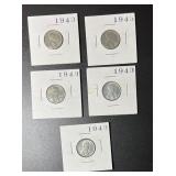 1943 Lot (5) Lincoln Wheat Steel Cent Coins