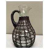 Vintage Rattan Wrapped Clear Glass Pitcher With Ha