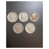 Lot, (5) Coins Mercury Silver Dimes