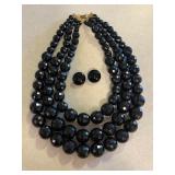 Vintage 3 Strand Black Necklace & Clip Earrings