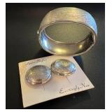 Vintage Silver Tone Hinged Bracelet & clip-on