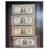 Lot, (4) SILVER CERTIFICATES (Blue $1 Note x3, Red