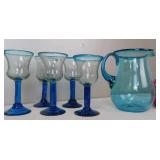 Hand Blown Blue Glass Pitcher & 8 Glass Set
