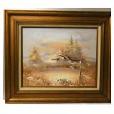 Signed Rustic Farmhouse Landscape Painting