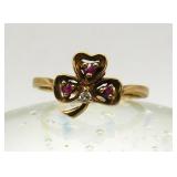 10k Gold Diamond & Ruby Shamrock Ring