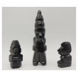 Carved Black Obsidian Stone Mayan Figures