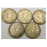5 German Silver 5 Marks Coins 1936 Hindenburg