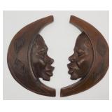 Vintage African Carved Crescent Moon Face Pair