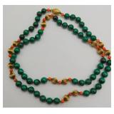 14k Gold Malachite, Coral Ribbed Bead Necklace38"