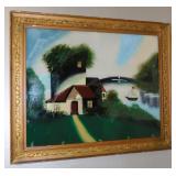 Antique Reverse Painted Cottage & Stream Landscape