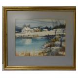 R Moffett Signed Watercolor Winter Farm Landscape