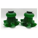 2 Hobnail Ruffled Green Cased Glass Shades