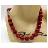 Red Knotted Coral Bead & Sterling Necklace 14mm