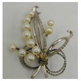 Mikimoto Style Japanese Akoya Pearl Silver Brooch