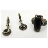Sterling Silver Marcasite & Onyx Ring & Earrings