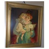 Antique Lithograph Mother & Child w Oil Lamp