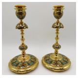 F Barbedienne Gilt Bronze Champleve Candlesticks