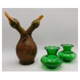 Anchor Hocking Vase Pair & Italian Duck Decanter