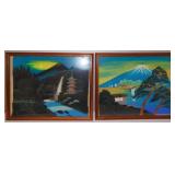 Vintage Japanese Signed Silk Paintings Mt Fuji