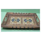 Hand Carved Wood & Tile Tray