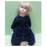 Vintage Bisque Head Blue Velvet Dressed Doll