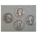 Three Washington & One Liberty Silver Quarters