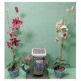 Elephant Plant Stand & Two Faux Orchid Plants