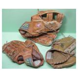 Three Vintage Used Youth Leather Baseball Gloves
