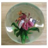 Hand Blown Glass Flower with Bees Paperweight