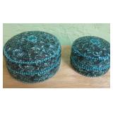 Two Teal Color Beaded Metal Boxes