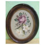 Vintage 9 X 10.5 Oval Framed Needle Point Flowers