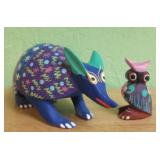 Folk Art Carved Wood Owl & Armadillo - Signed