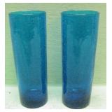 Set of Two Blue Crackle Glass Vases / Glasses