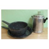 Camping Enamel Pans and Aluminum Coffee Pot