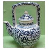 Blue Decorated Tea Pot with Repaired Lid