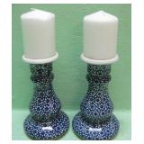 Pair Blue Flowered Candle Stick Holders