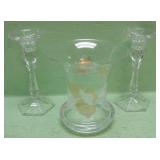 Glass Embossed Vase and Candlestick Pair