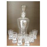 11' Etched Crystal Carafe & Six Etched Glasses