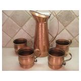 Gregorian Solid Copper Pitcher and Four Mugs