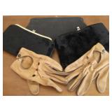 Vintage Three Clutch Purses and Leather Gloves