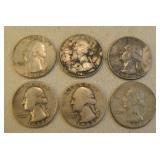 Six Silver Washington Quarters - Assorted Dates