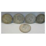 Five 1967-1969 Silver Kennedy Half Dollars