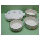 Enamelware Bowls & Corning Ware Casserole Dish