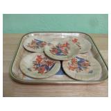 Vintage Hand Painted Bamboo Tray & Dishes