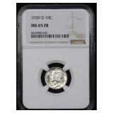1939 D Mercury Silver Dime 10c NGC MS-65 FB