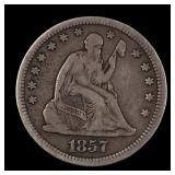 1857 Seated Liberty Silver Quarter 25c