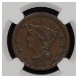 1857 1c Large Cent Braided Hair NGC XF-45