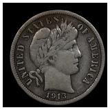 1913 Barber Silver Dime VF KEY DATE COIN