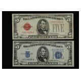 Lot 1934 A & 1928 C $5 Note Bill Red & Blue Seal